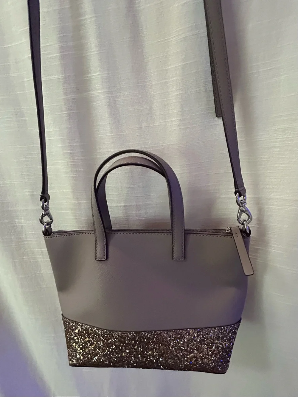 kate spade taupe glitter two-tone small satchel with gold sparkle